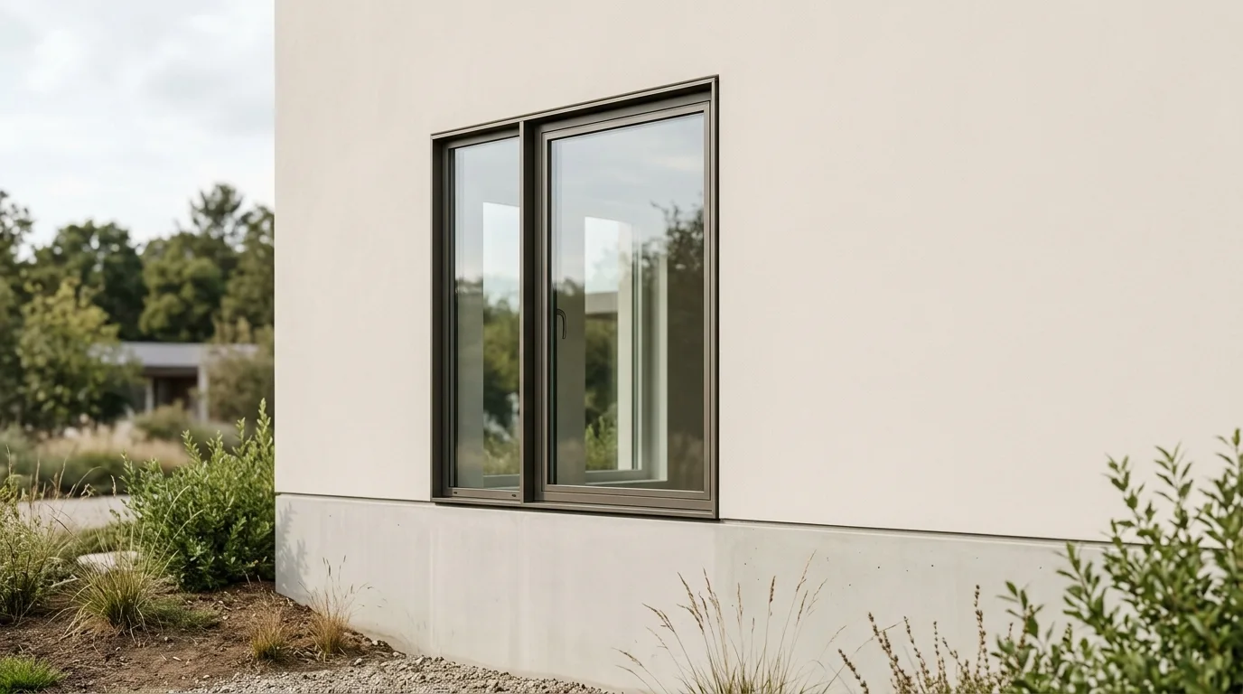 A tightly cropped detail of a closed window integrated into a clean house foundation, featuring a smooth exterior wall and natural daylight.