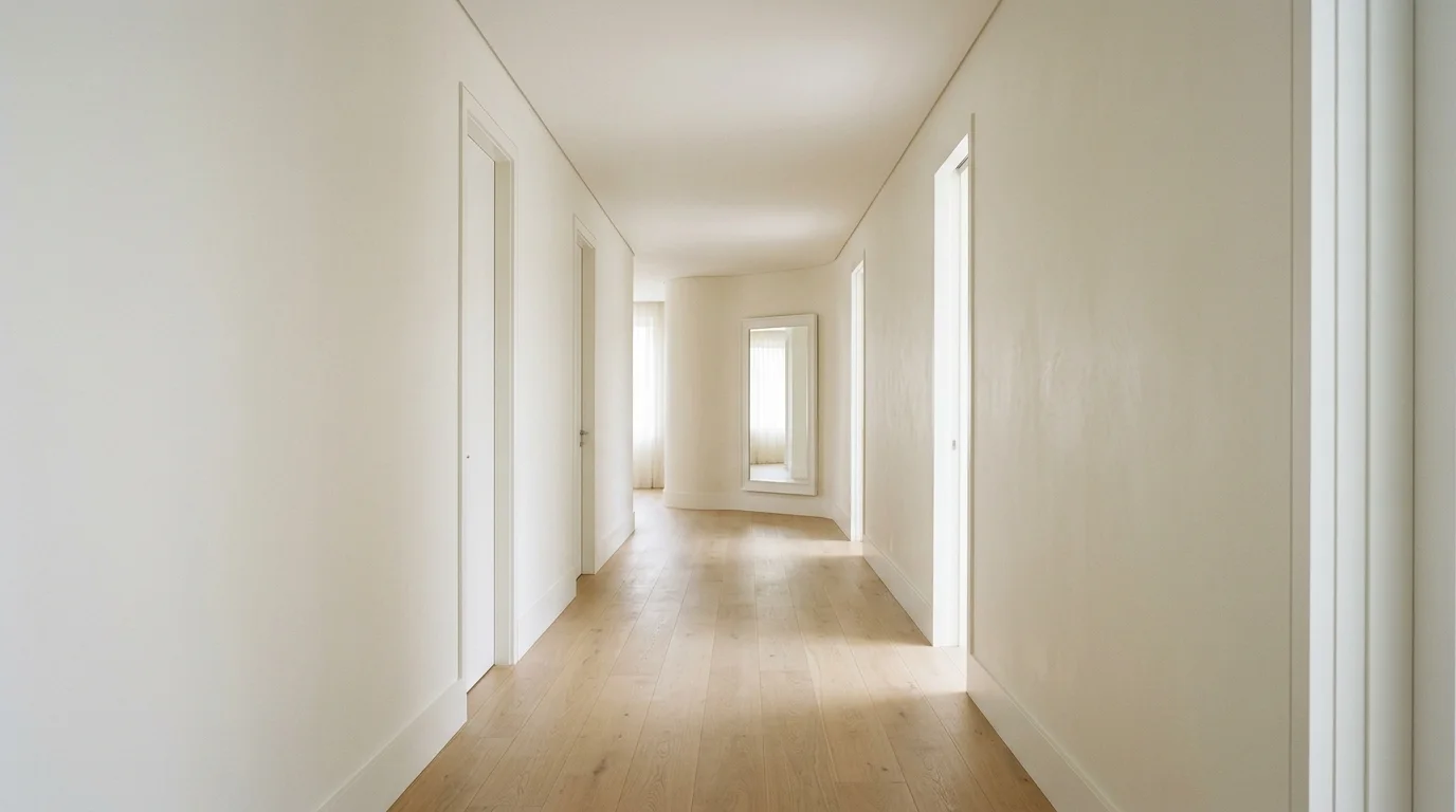 A clean, finished residential hallway with smooth walls and a closed ceiling, illuminated by natural daylight.