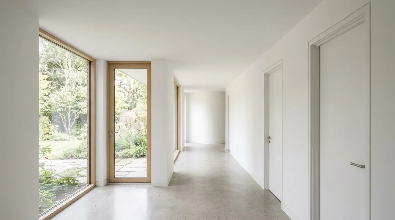 A finished, empty hallway inside a home with a smooth, closed ceiling, brightly lit by natural daylight.
