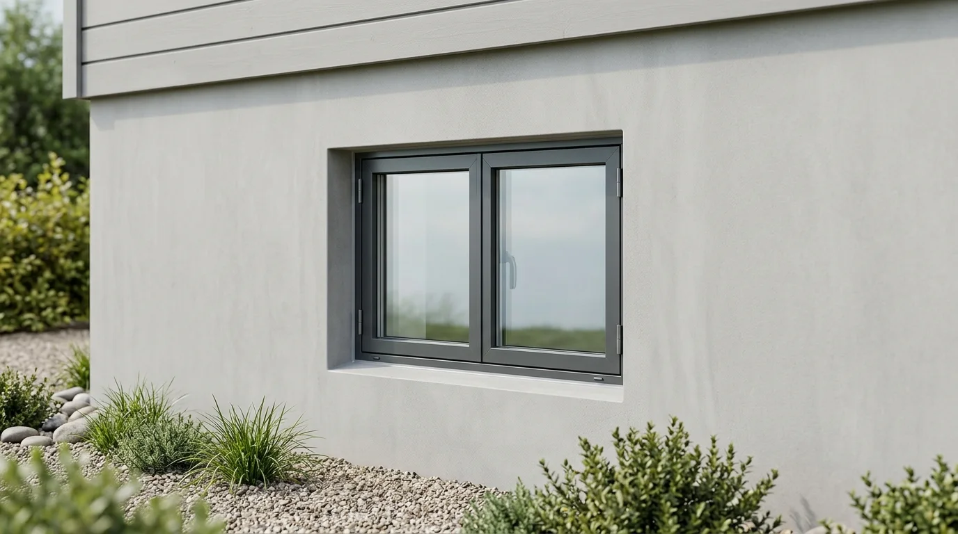 Illustrative image showing a tightly cropped detail of a closed window in a smooth, finished house foundation, bathed in natural light.