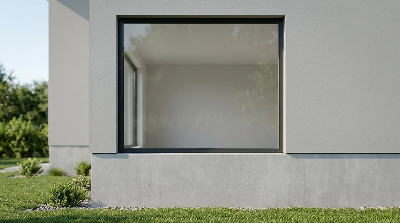 A tightly cropped detail of a closed window set into a smooth, clean foundation, illuminated by daylight.