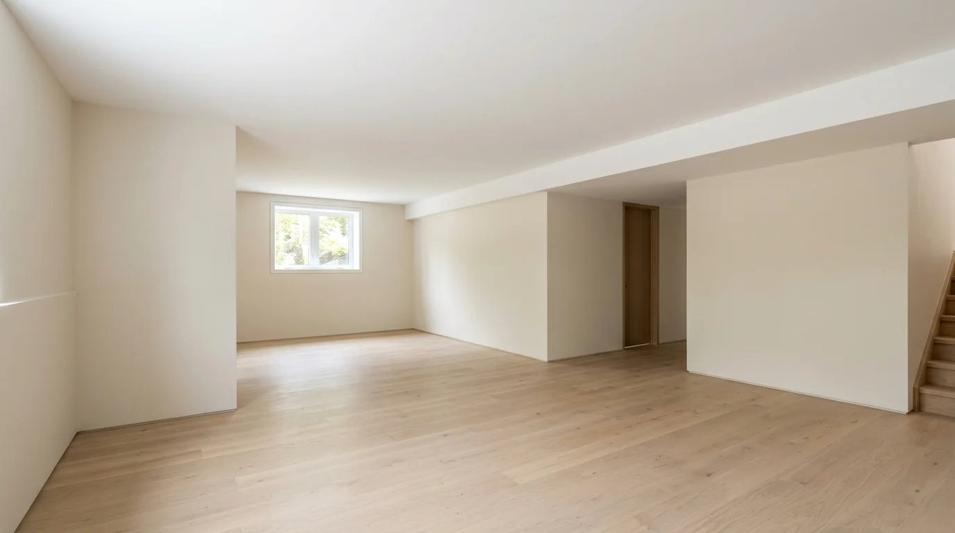 An empty, finished basement with neutral-colored walls and a smooth, closed ceiling, illuminated by natural daylight from a small window.