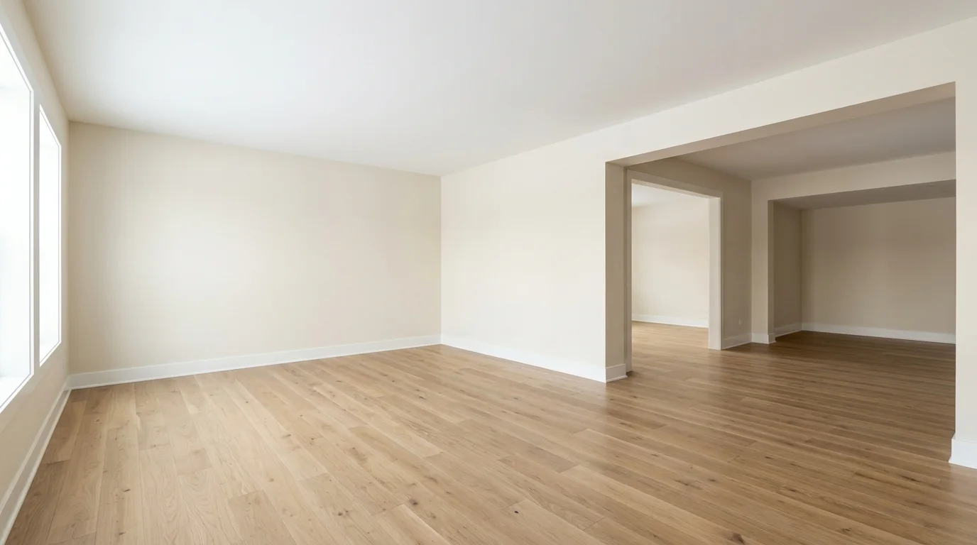 Illustrative image of a clean, empty finished basement with smooth walls and a closed ceiling, illuminated by natural daylight.