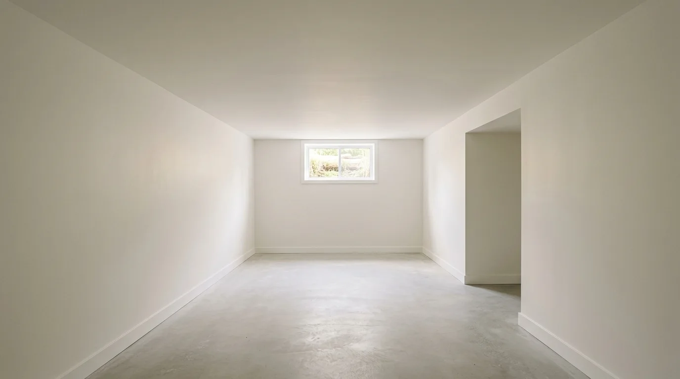 An empty, finished basement with smooth, closed ceiling and walls, illuminated by daylight from a small window, showing a clean, neutral architectural space.
