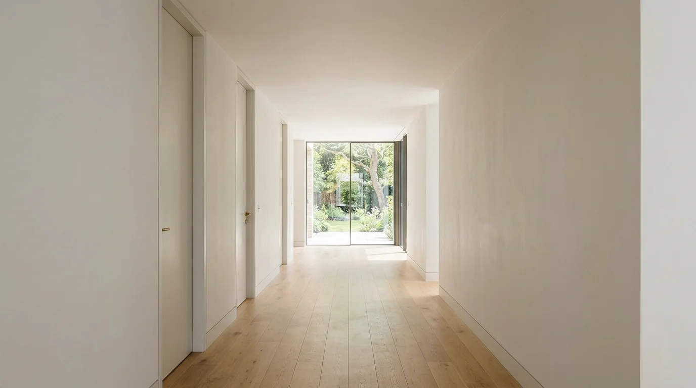 A clean, finished residential hallway with smooth walls and a closed ceiling, lit by natural daylight.