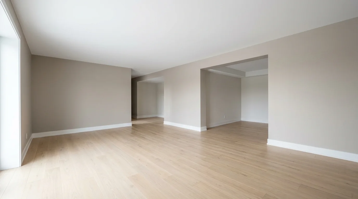 An empty, clean, and finished basement room with smooth walls and a closed ceiling, illuminated by natural daylight.