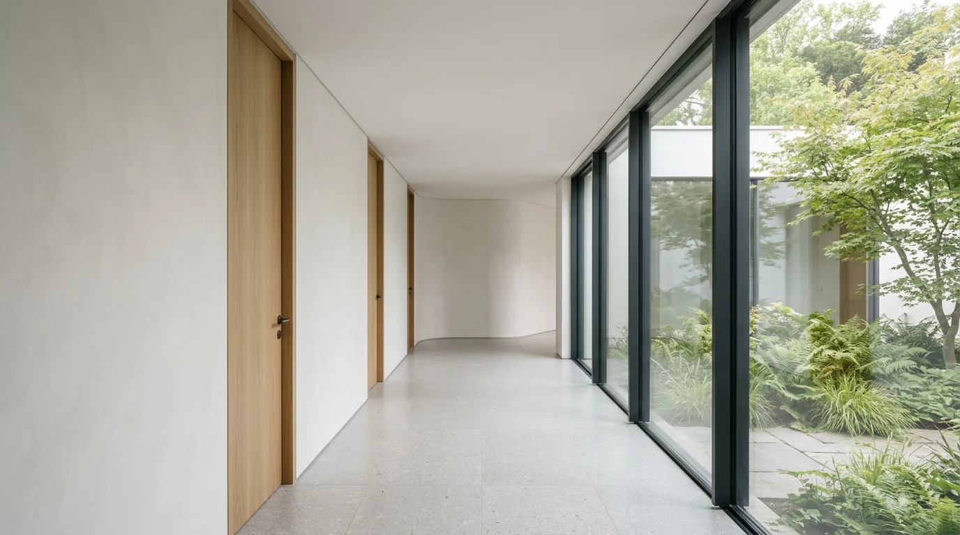 A finished residential hallway with a smooth, closed ceiling and clean walls, brightly lit by daylight, depicting a neutral architectural interior.