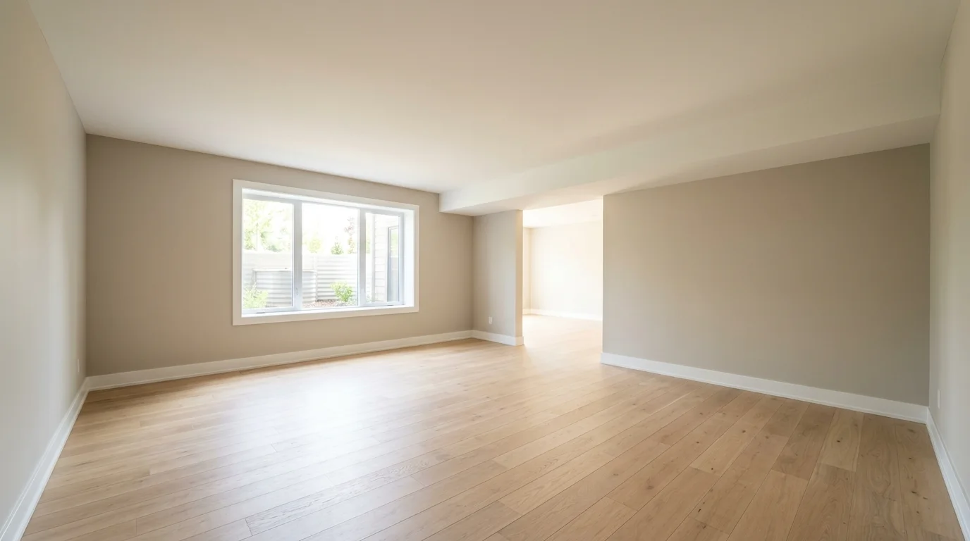 An empty, clean, and well-lit finished basement with smooth walls and a closed ceiling, illuminated by natural daylight.