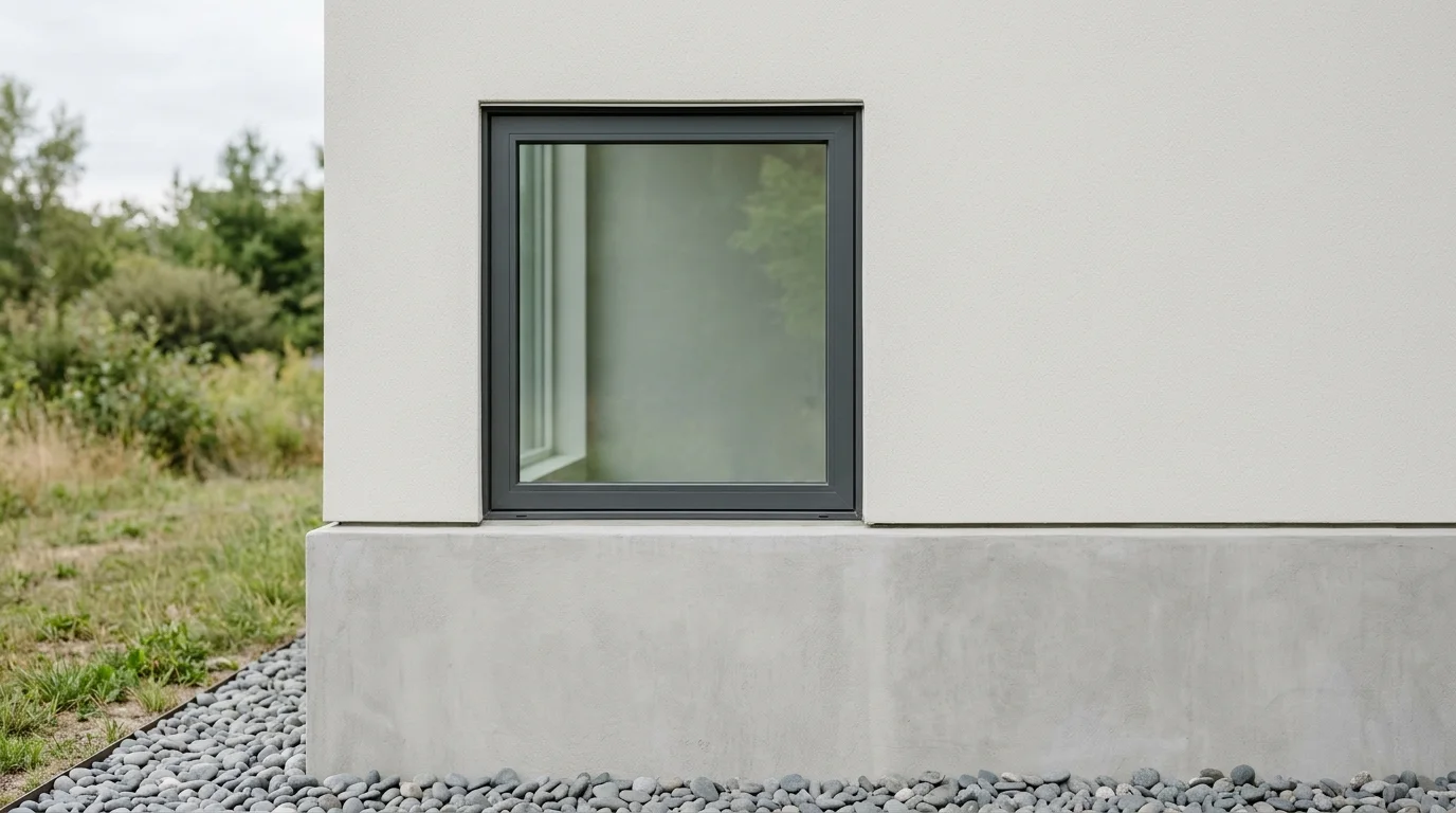 A tightly cropped detail of a closed window in a smooth house foundation, depicting a generic exterior architectural detail.