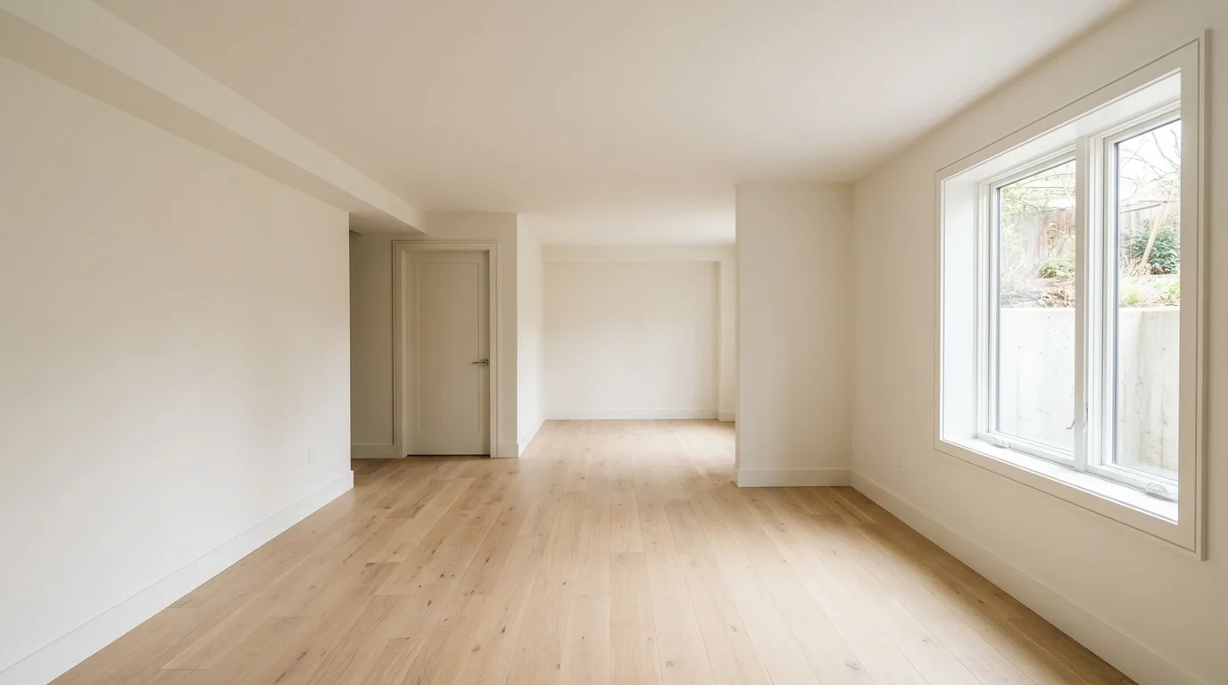 An empty, finished basement with smooth walls, a closed ceiling, and daylight from a window, illustrating a generic house interior.