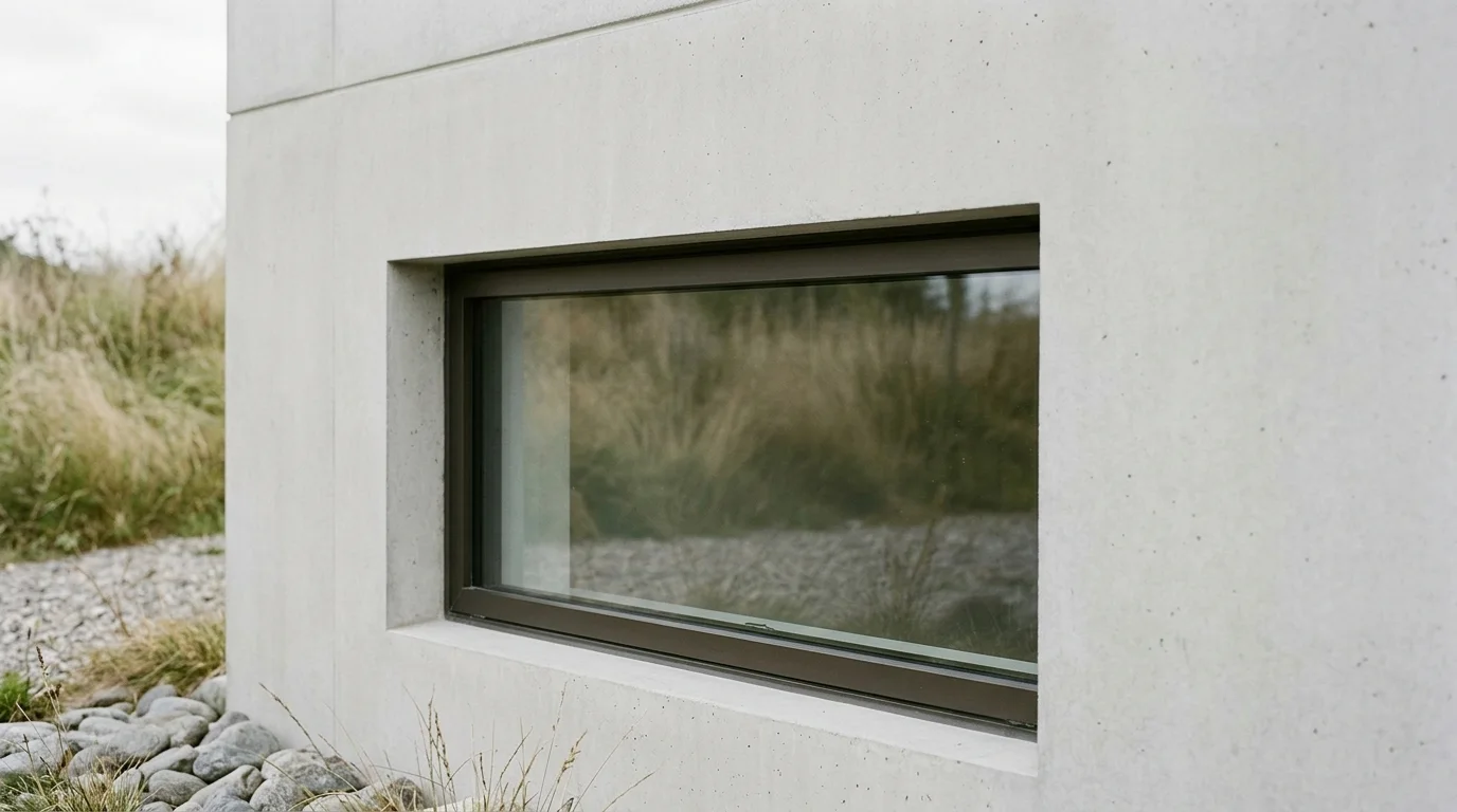 A tightly cropped exterior view of a closed window integrated into a clean, neutral house foundation, under natural daylight.