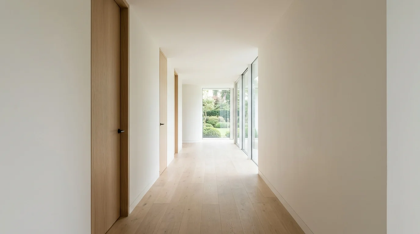 A finished hallway with smooth walls, a closed ceiling, and natural daylight, representing a generic house interior.