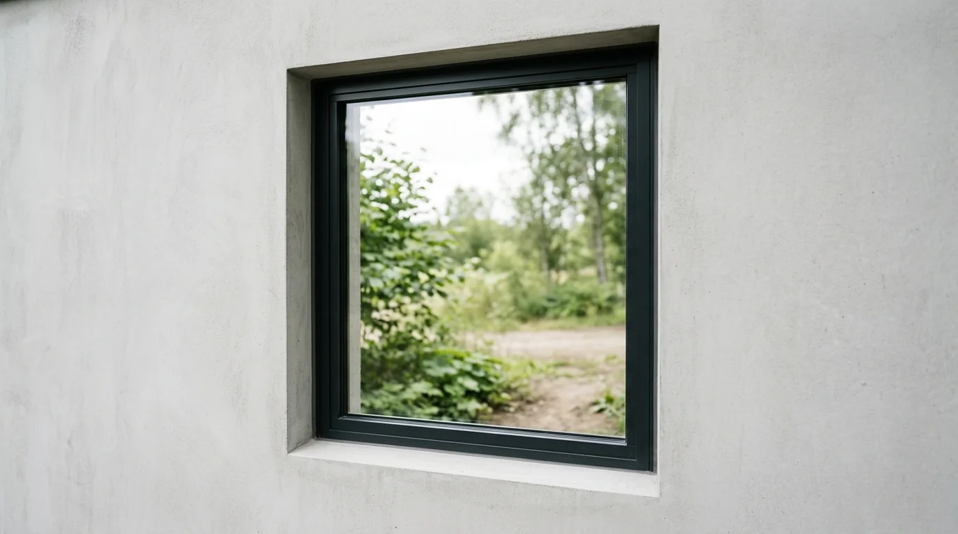 Illustrative image of a tightly cropped detail of a closed window within a clean, finished foundation wall, seen in daylight. No mechanical systems or people are visible.