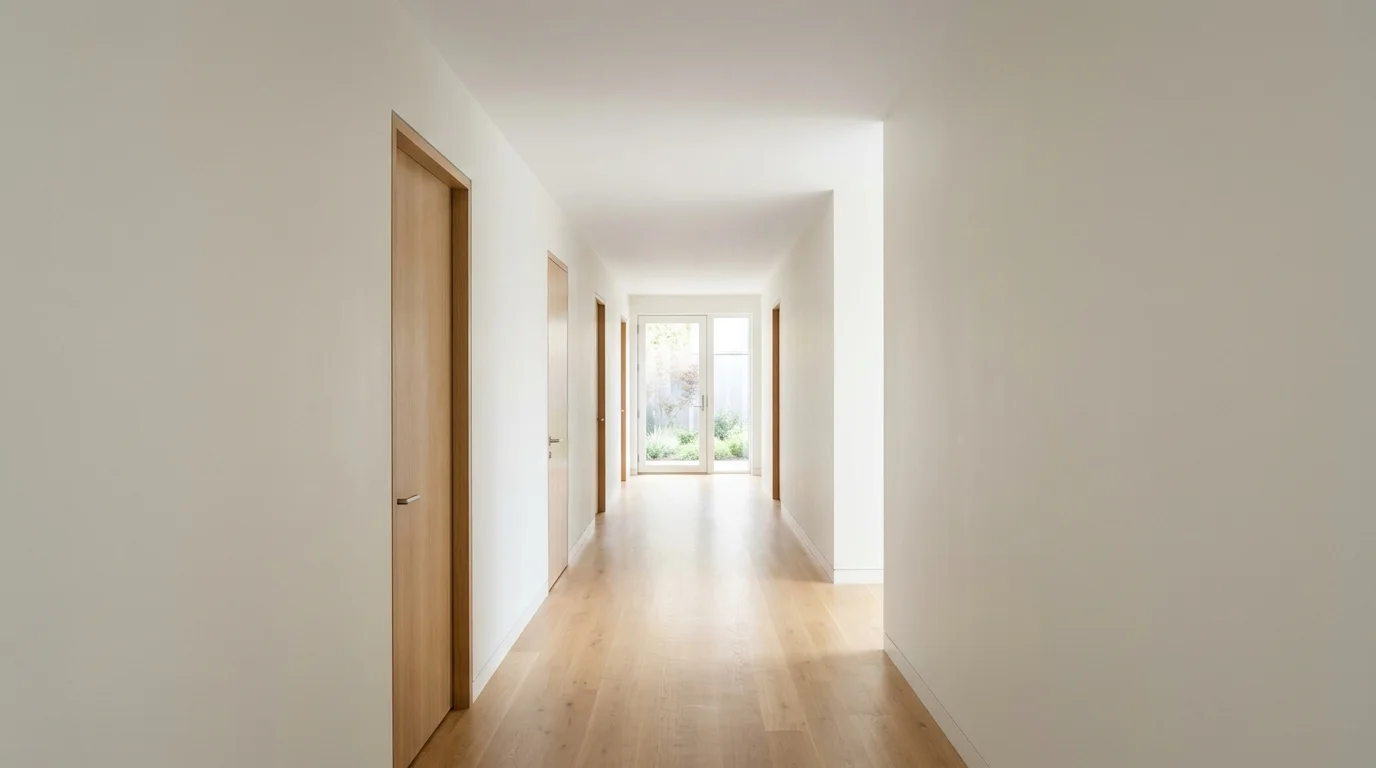 Illustrative image of a clean, finished residential hallway with smooth walls and a closed ceiling, illuminated by natural daylight.