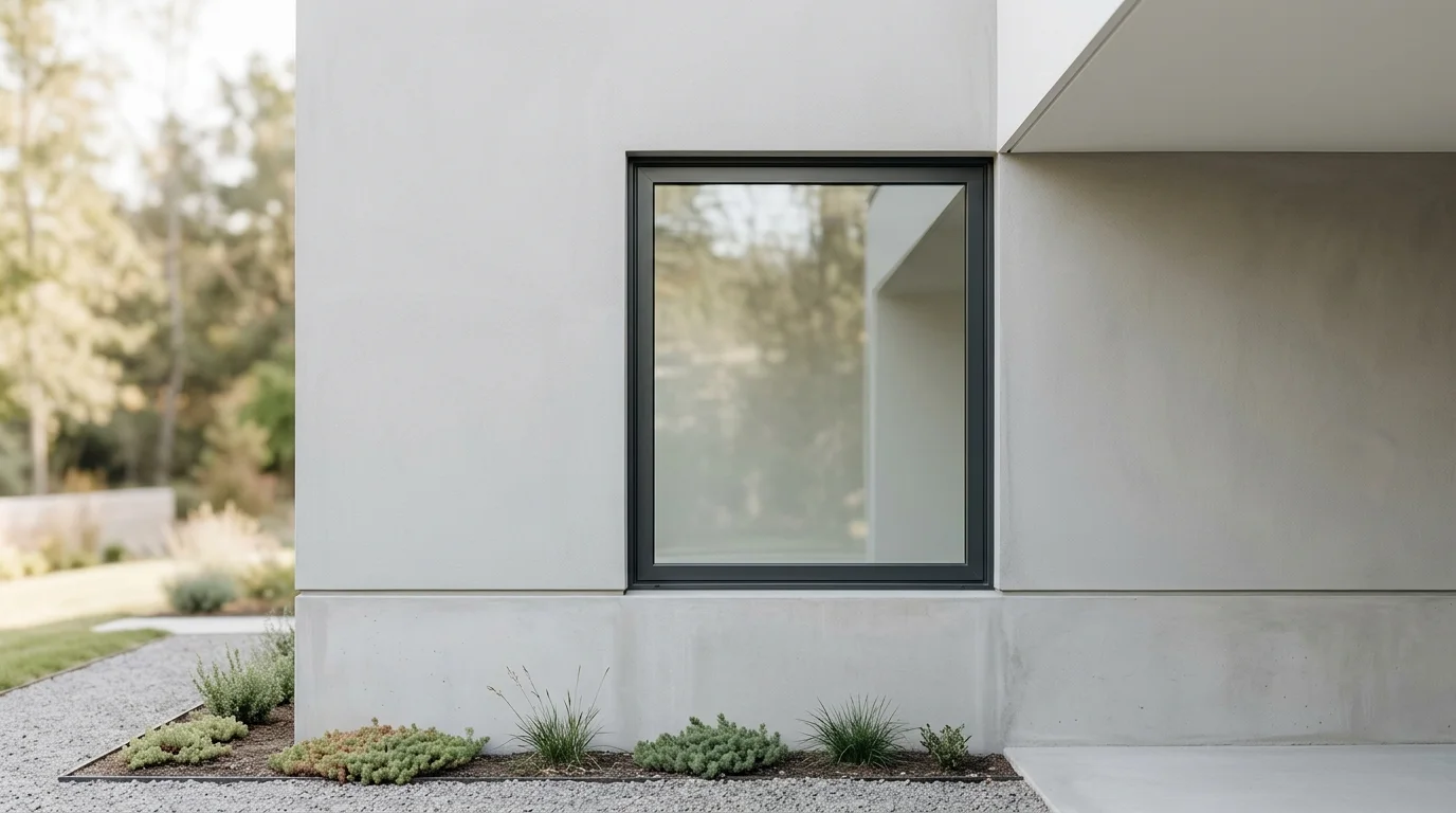 A tightly cropped view of a closed window within a clean, smooth house foundation, showing exterior detail in natural light.