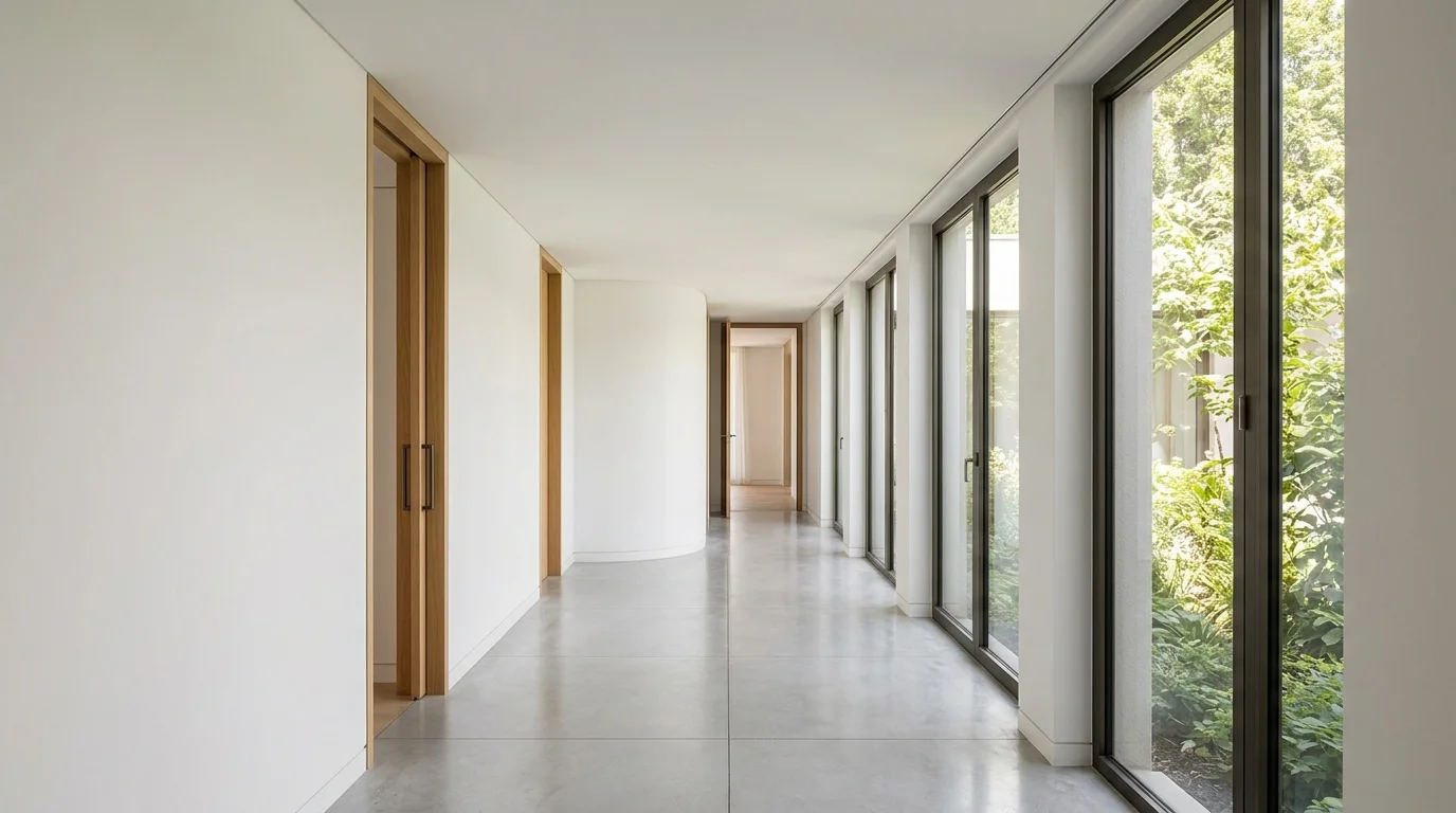Illustrative image of a clean, finished residential hallway with a smooth ceiling, illuminated by natural daylight. No mechanical systems or people are visible.